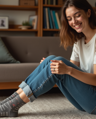Jeune femme assise sur un banc en intérieur avec chaussettes assorties