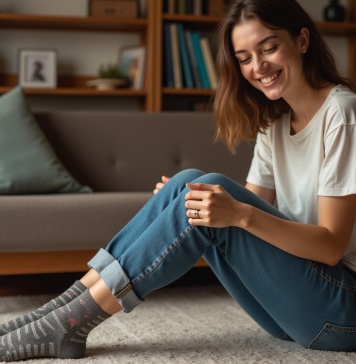 Jeune femme assise sur un banc en intérieur avec chaussettes assorties