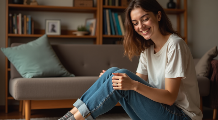 Jeune femme assise sur un banc en intérieur avec chaussettes assorties