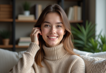Visage rectangle : comment le reconnaître et le mettre en valeur ? Femme souriante en turtleneck beige dans un salon cosy