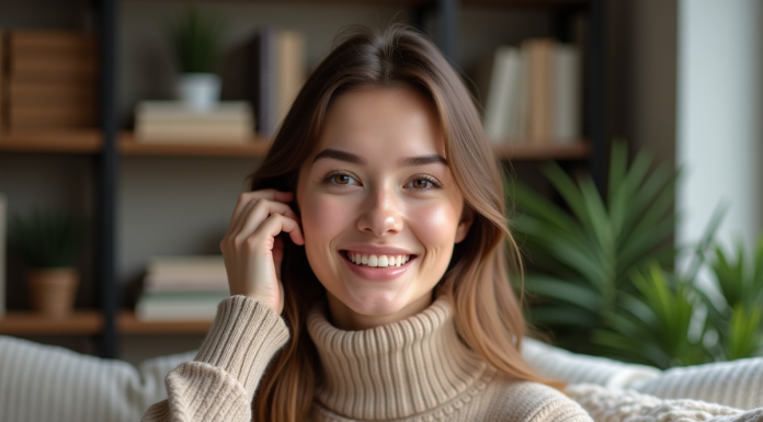 Femme souriante en turtleneck beige dans un salon cosy