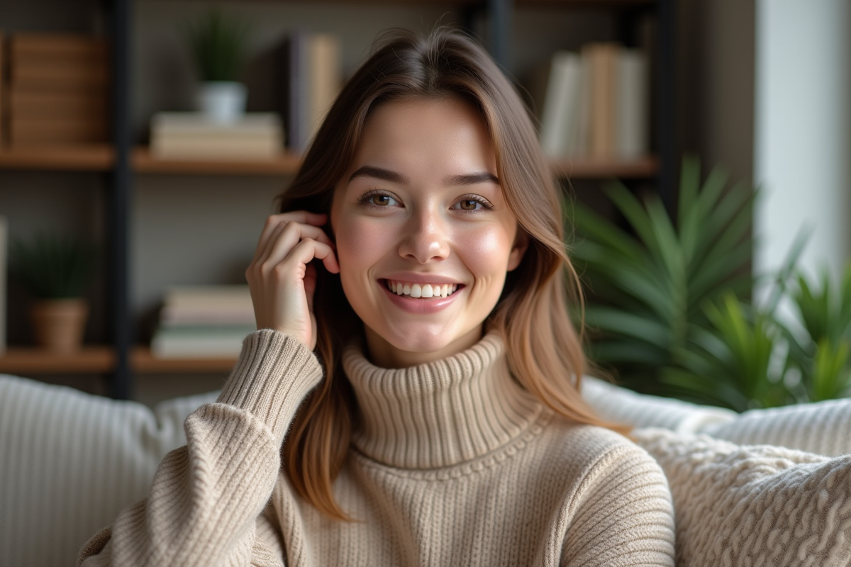 Femme souriante en turtleneck beige dans un salon cosy