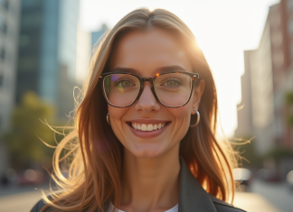 Femme élégante avec lunettes modernes en extérieur