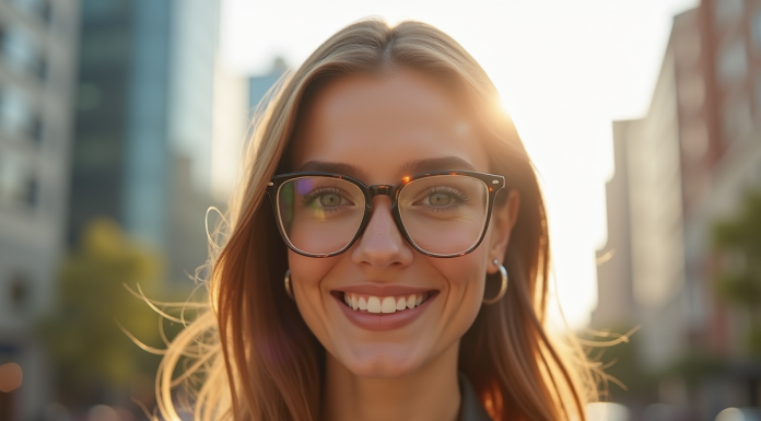 Femme élégante avec lunettes modernes en extérieur