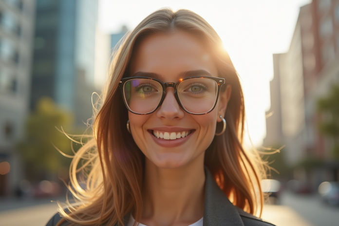 Femme élégante avec lunettes modernes en extérieur