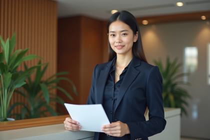 Femme en tailleur navy lors d'une réunion professionnelle
