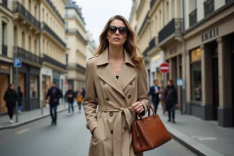 Femme élégante en trench beige dans la rue Montaigne Paris