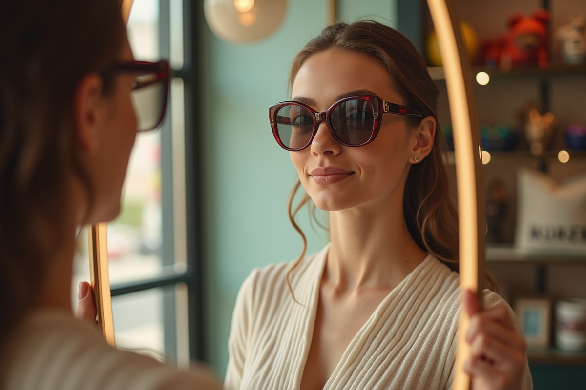 Femme avec visage ovale essayant des lunettes en boutique lumineuse