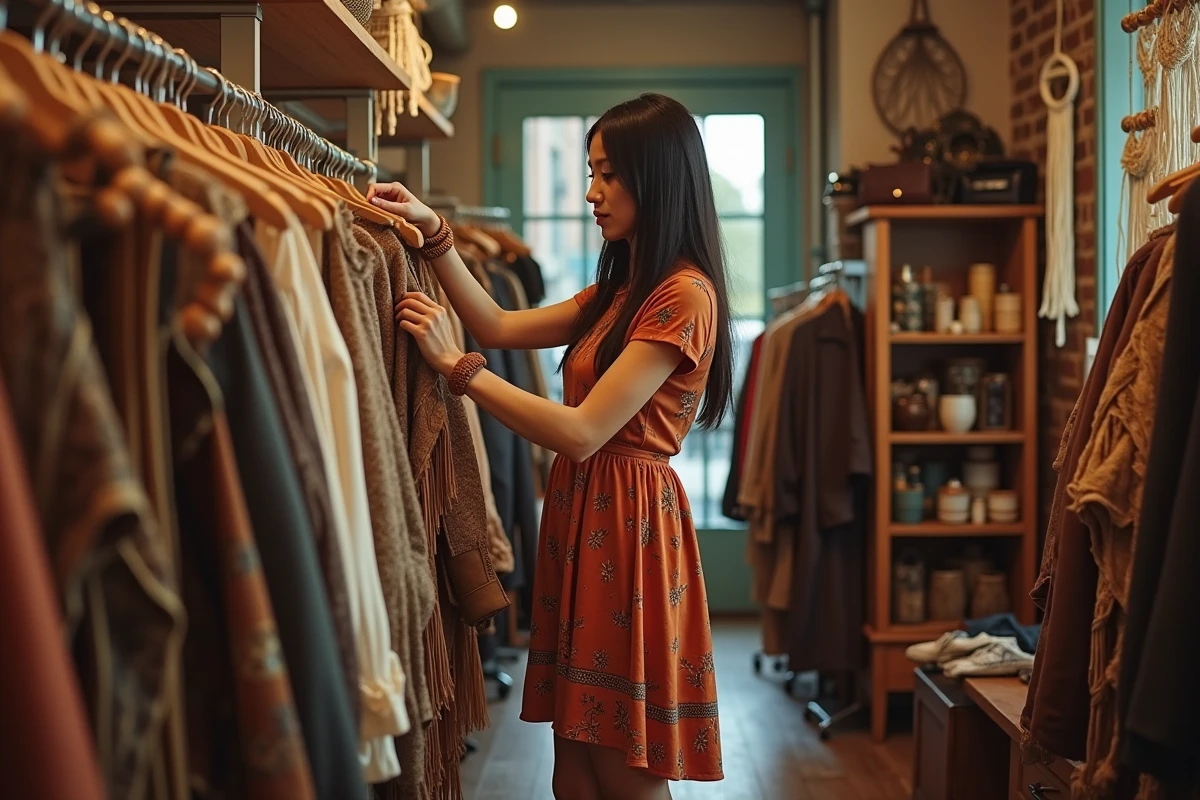 Femme en robe wrap imprimée des années 70 explorant des vêtements vintage dans une boutique de seconde main