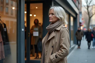 Femme en trench et foulard devant boutique fermée en ville