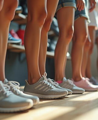 Femmes essayant des chaussures de sport dans un magasin lumineux
