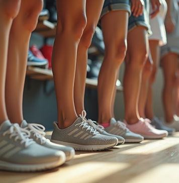 Femmes essayant des chaussures de sport dans un magasin lumineux