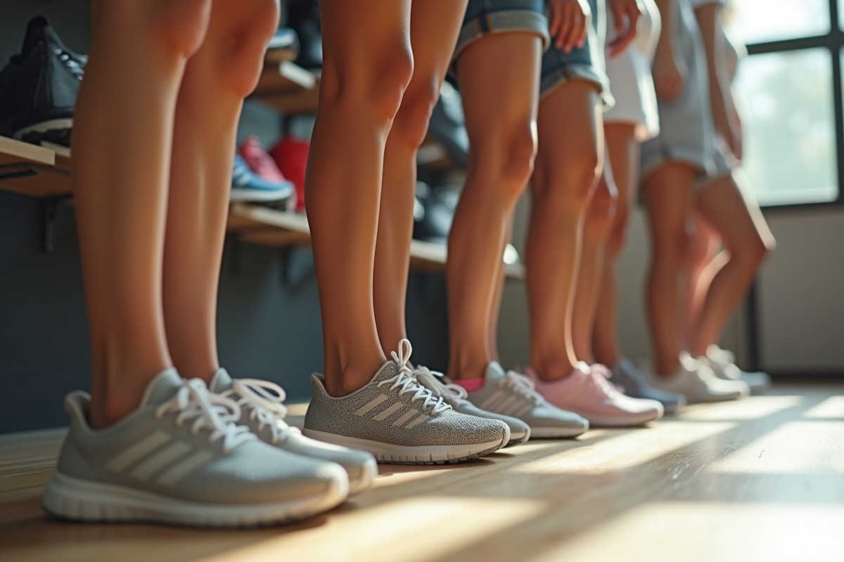 Femmes essayant des chaussures de sport dans un magasin lumineux