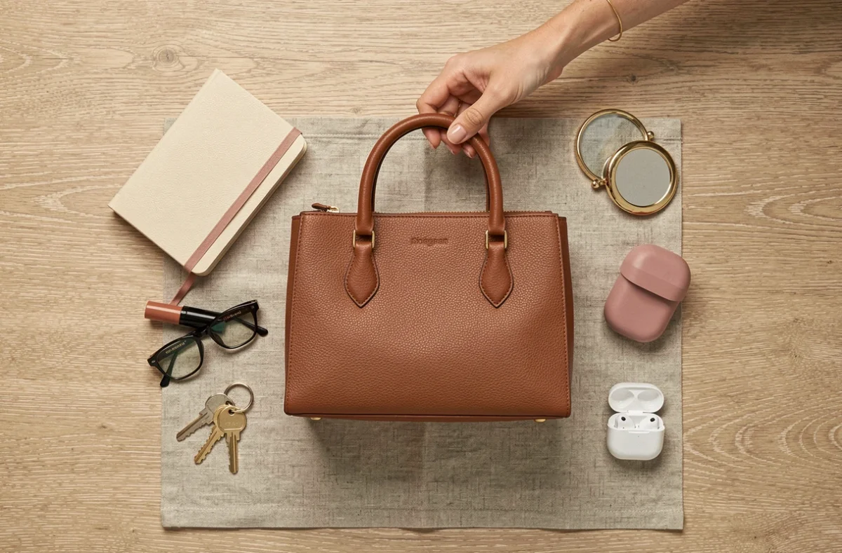 Flat lay d'un sac à main pratique en cuir cognac entouré des essentiels féminins organisés sur une surface en bois