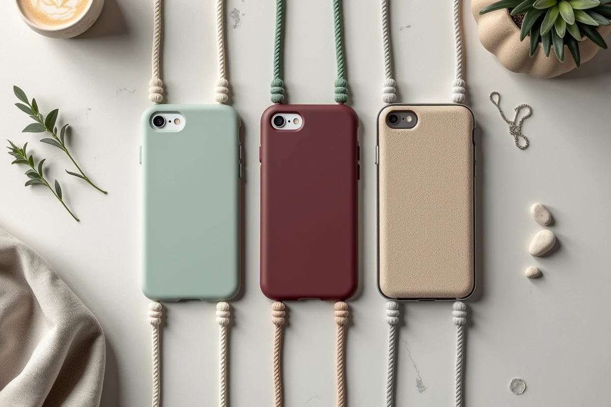 Flatlay de trois coques de téléphone tendance 2026 avec différents cordons lanière, photographiées sur béton clair