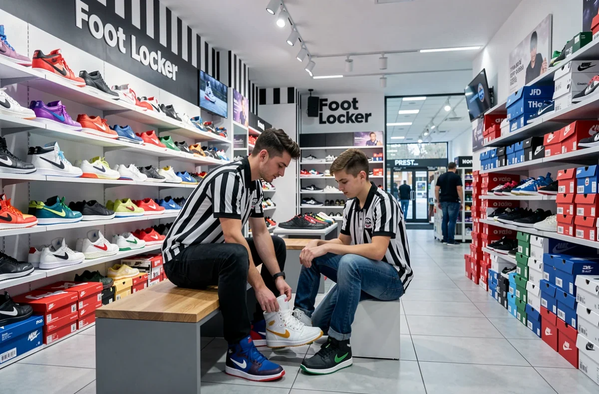 Intérieur du Foot Locker à Brest avec mur de sneakers et vendeur en uniforme servant un client dans l'ambiance streetwear officielle