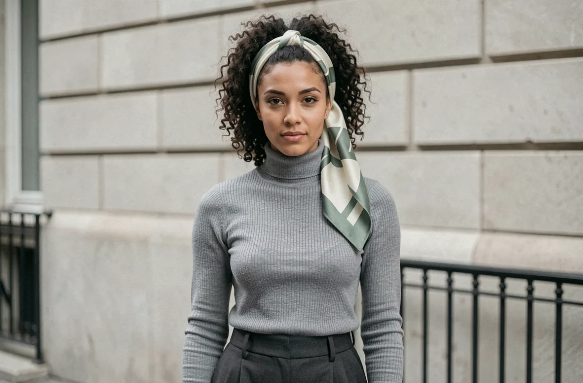 Femme aux cheveux naturels avec un foulard en soie géométrique noué en bandeau sur un look monochrome gris dans la rue