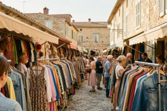 Marché de friperies en plein air dans les Alpes-Maritimes avec vêtements vintage colorés sur des portants