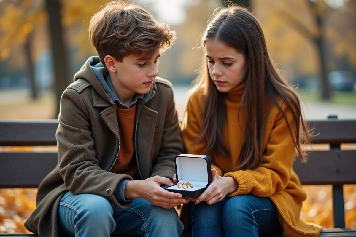 Un garçon et une fille regardant des bagues dans un parc automnal
