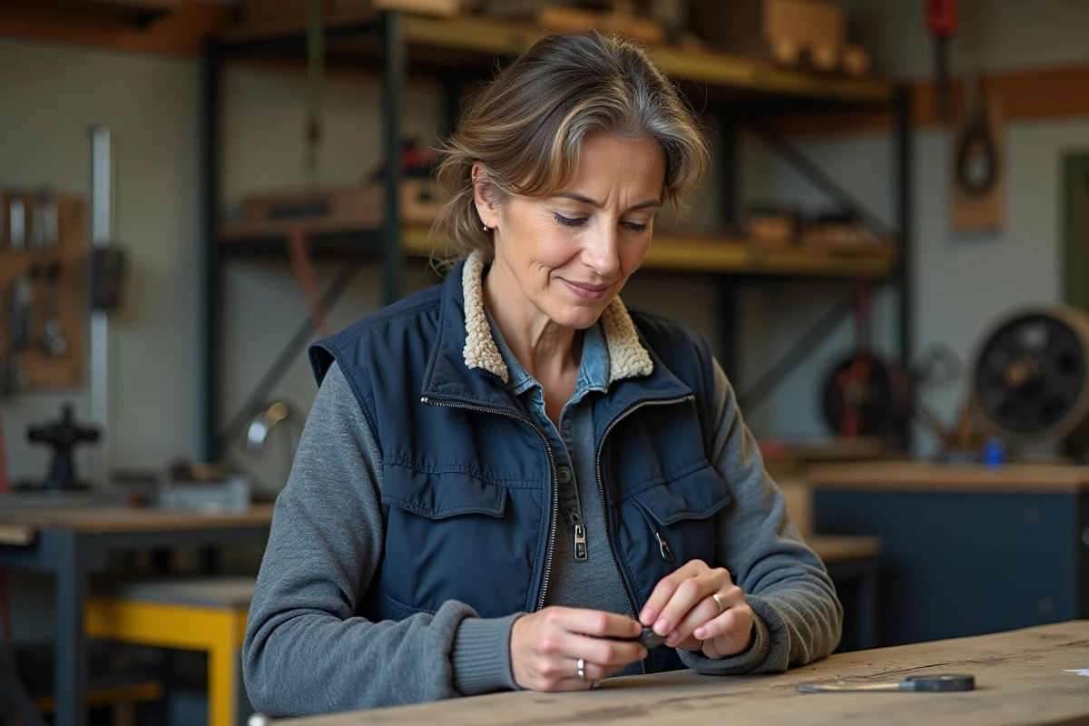 Femme technicienne portant un gilet de travail doublé sherpa dans un atelier industriel