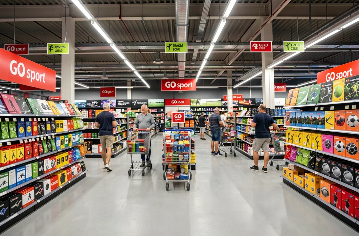 Intérieur du GO Sport à Arras avec ses rayons sport et ses clients en train de faire leurs achats