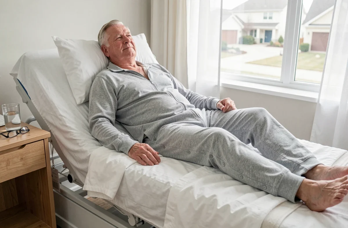 Homme âgé portant une grenouillère thermique grise avec boutons-pression allongé sur un lit médicalisé à domicile