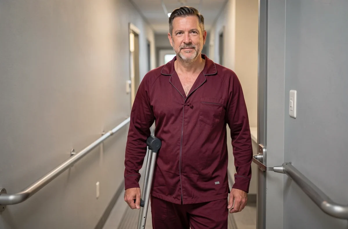 Homme en grenouillère bordeaux à fermeture magnétique debout avec une béquille dans le couloir d'un appartement adapté au handicap