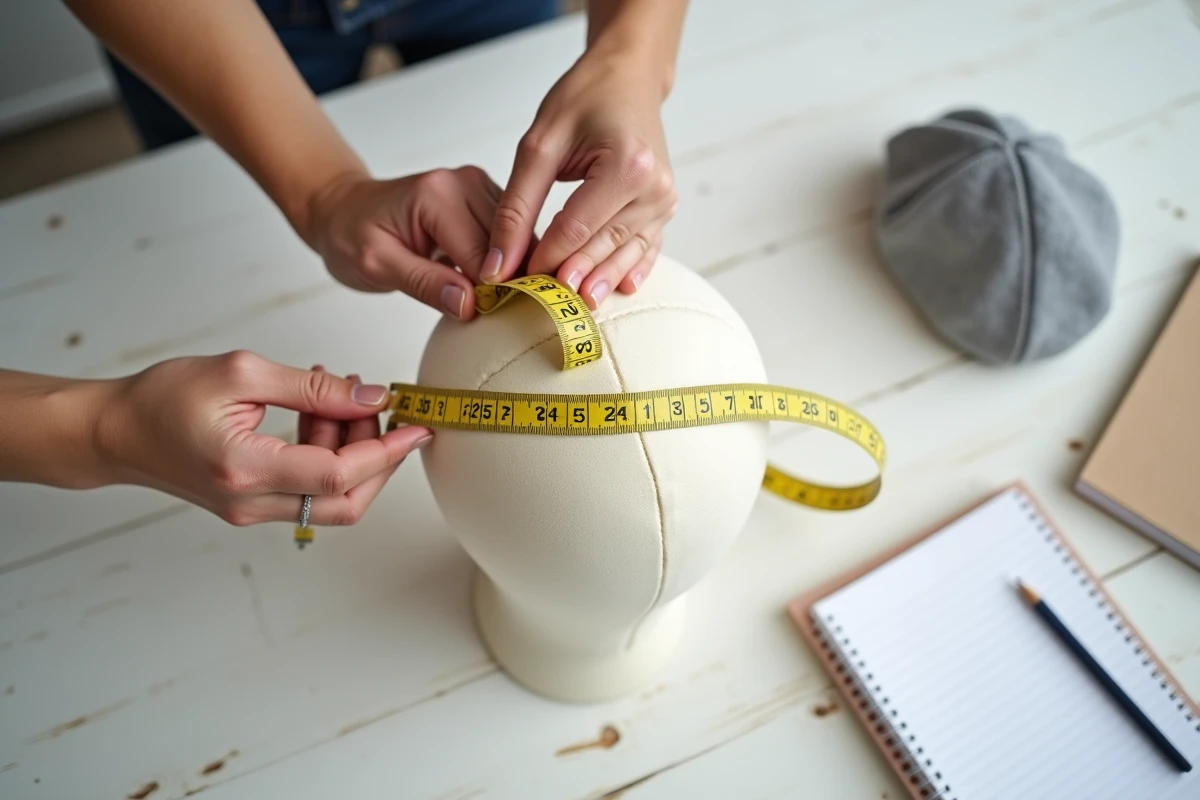 Gros plan sur un mètre ruban enroulé autour d'une tête de mannequin pour illustrer la prise de mesure du tour de tête