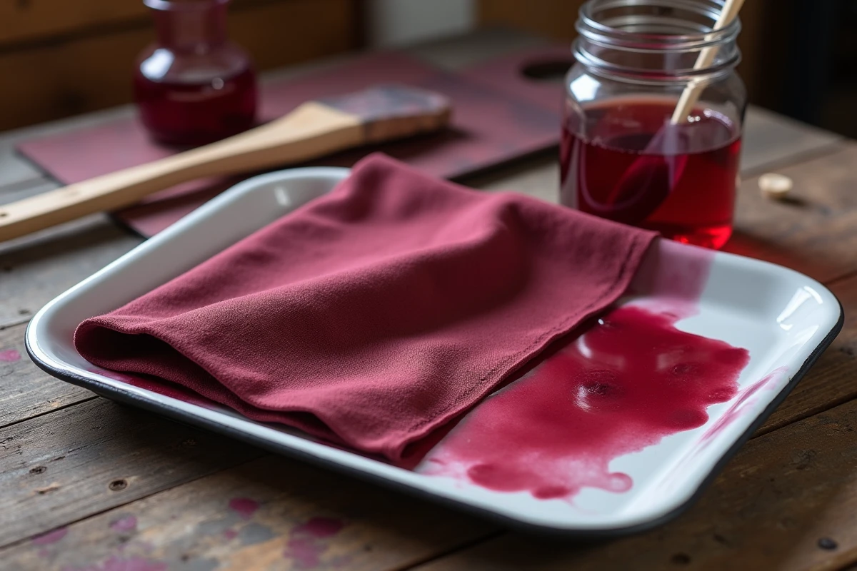 Gros plan sur un tissu polyester en cours de teinture avec pot de colorant et accessoires sur un établi en bois