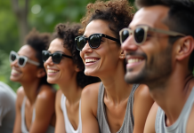 Groupe divers essayant des lunettes de soleil en extérieur