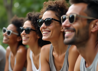 Groupe divers essayant des lunettes de soleil en extérieur
