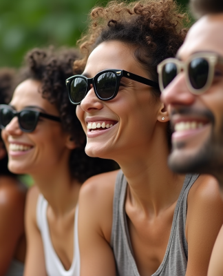 Groupe divers essayant des lunettes de soleil en extérieur
