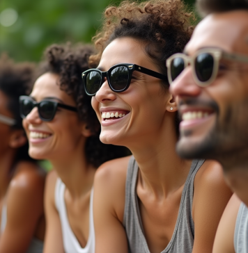 Groupe divers essayant des lunettes de soleil en extérieur