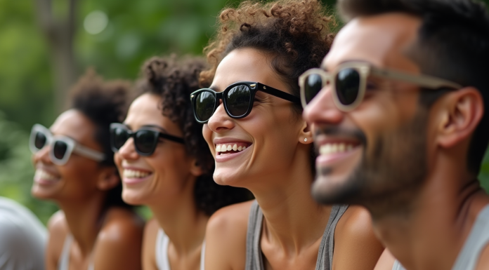 Groupe divers essayant des lunettes de soleil en extérieur