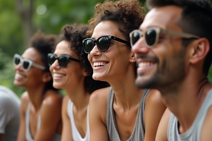 Groupe divers essayant des lunettes de soleil en extérieur