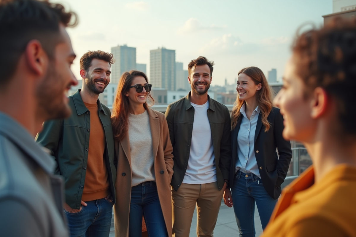 Groupe de jeunes sur un rooftop avec vue urbaine