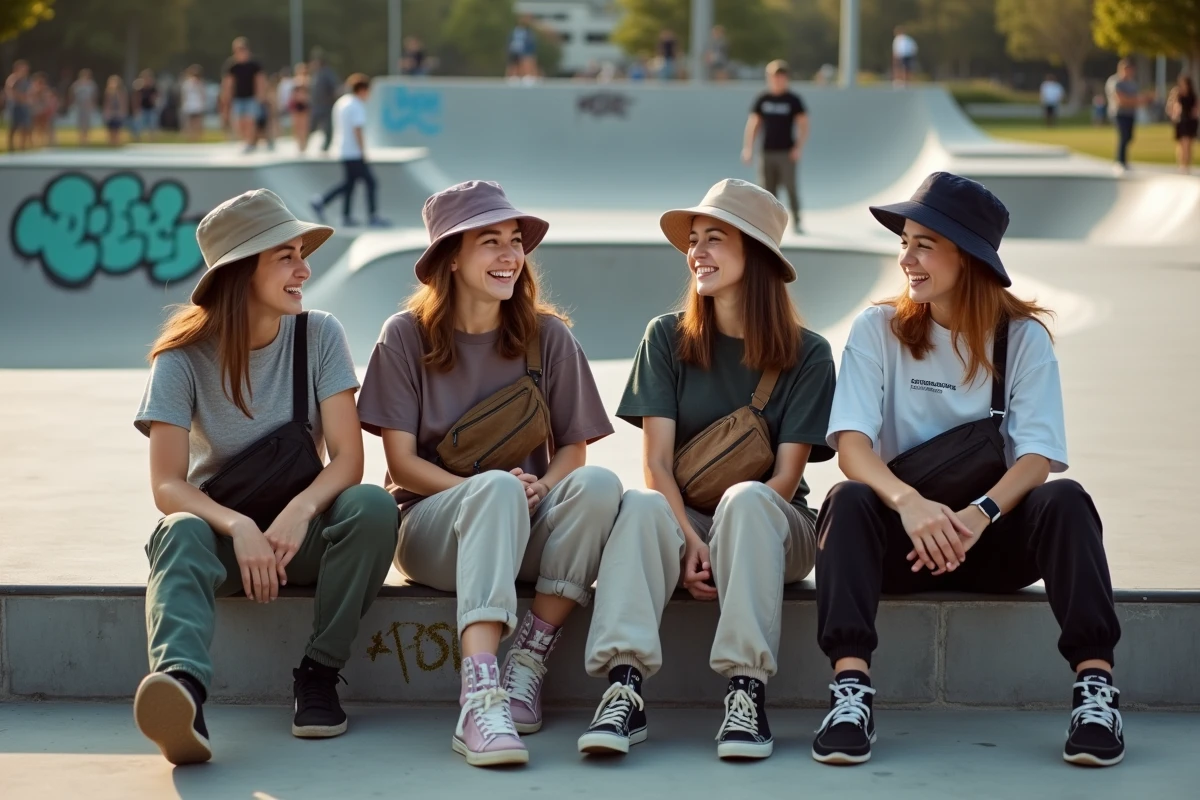 Groupe de jeunes relaxant au skatepark en milieu urbain