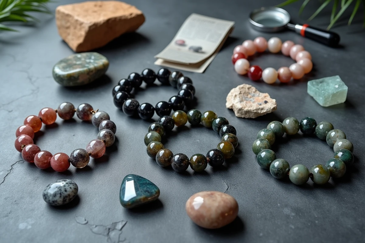 Disposition à plat de bracelets en pierres naturelles pour homme avec loupe et minéraux bruts sur ardoise grise