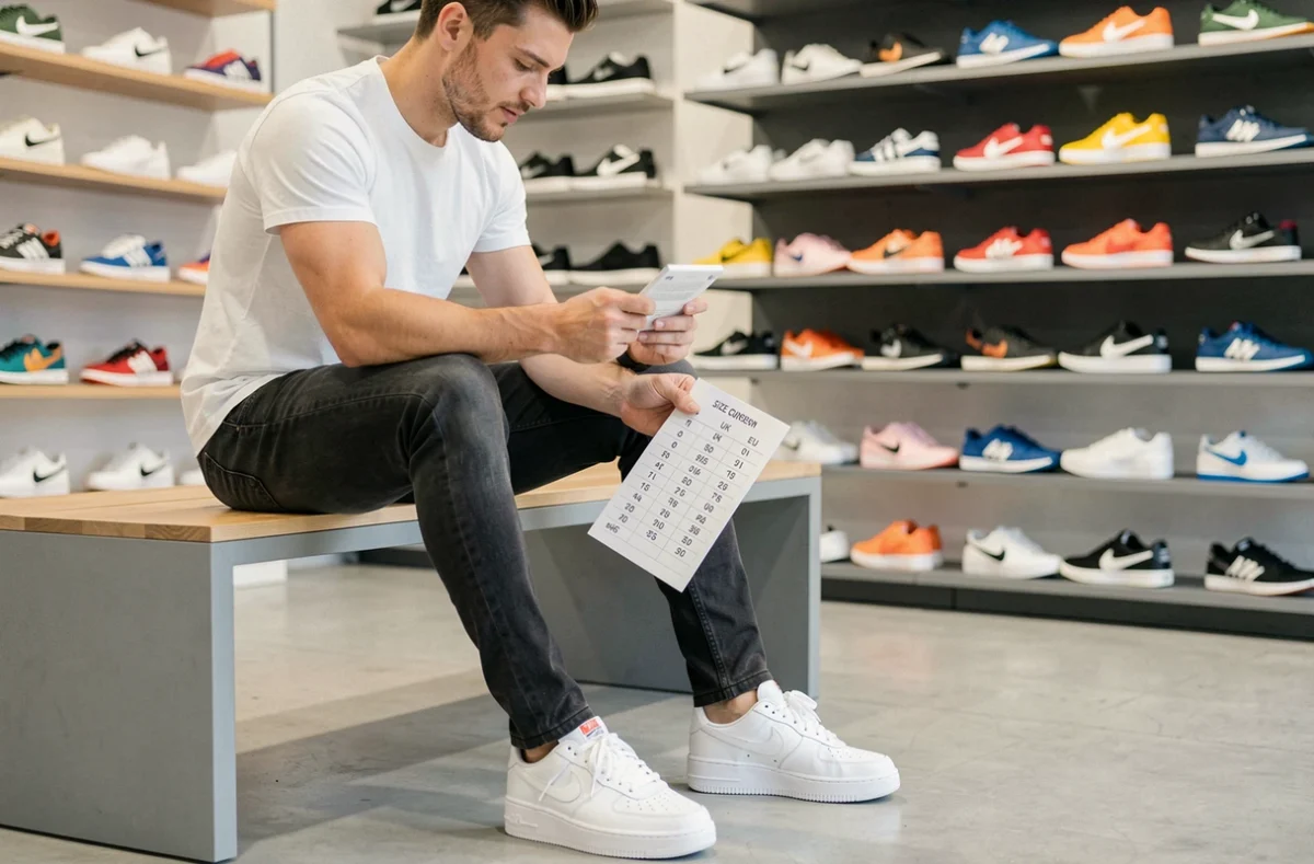 Jeune homme essayant des Nike blanches dans une boutique avec un tableau de correspondance des tailles UK