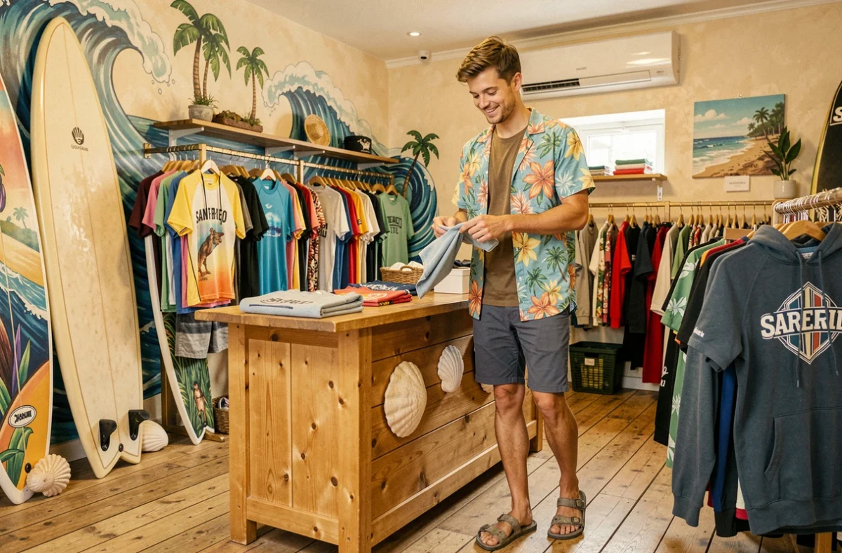 Boutique Hawaiisurf Shop à Saint-Brieuc avec planches de surf, vêtements streetwear et ambiance culture boardsports hawaiienne