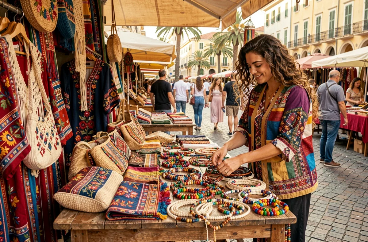 Marché Hippy Market Nice avec des textiles bohèmes colorés, bijoux et accessoires ethniques sur des tables en bois