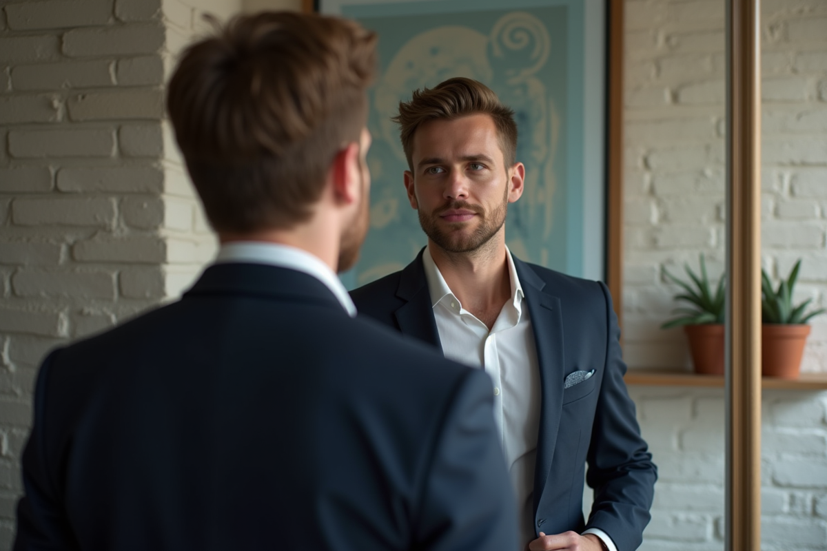 Homme en blazer ajustant sa veste dans un loft urbain