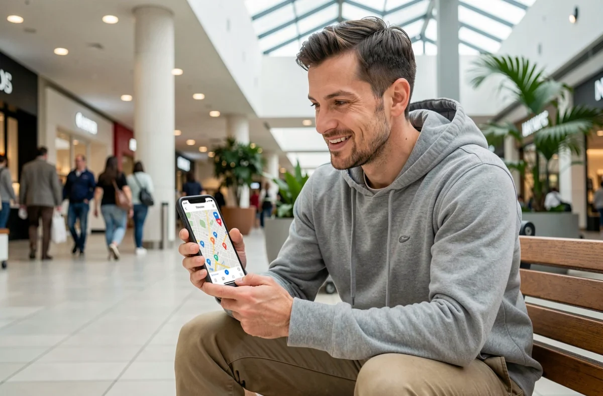 Jeune homme utilisant une application carte sur smartphone pour trouver des outlets à proximité