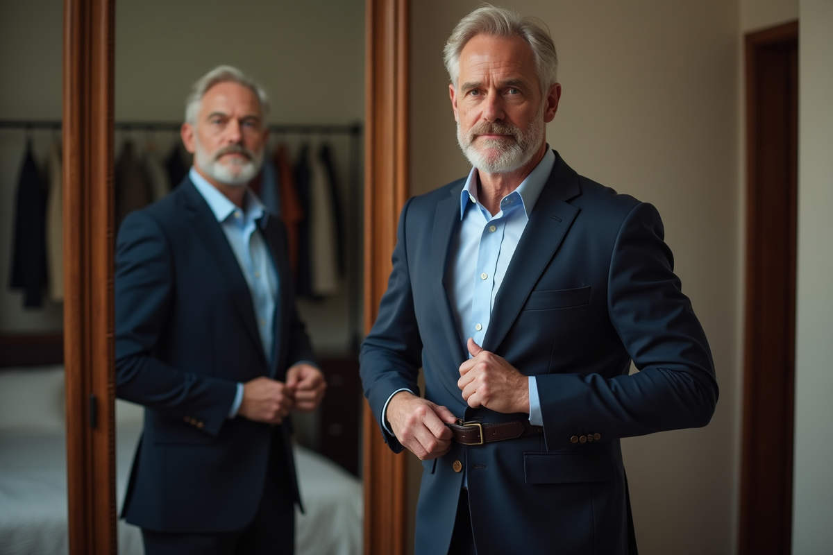 Homme essaie une ceinture en regardant dans un miroir à la maison