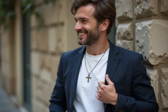 Homme élégant en blazer bleu dans une rue urbaine