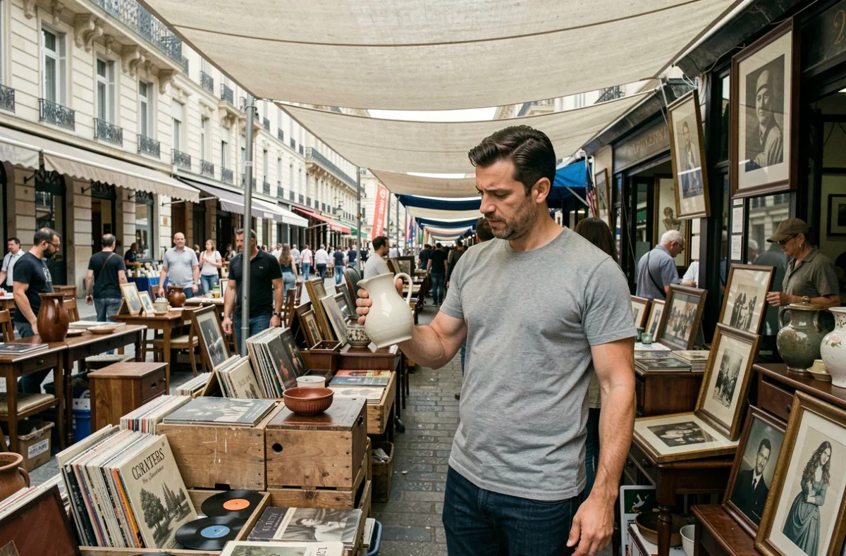 Homme inspectant une pièce de brocante lors de la braderie de Montpellier