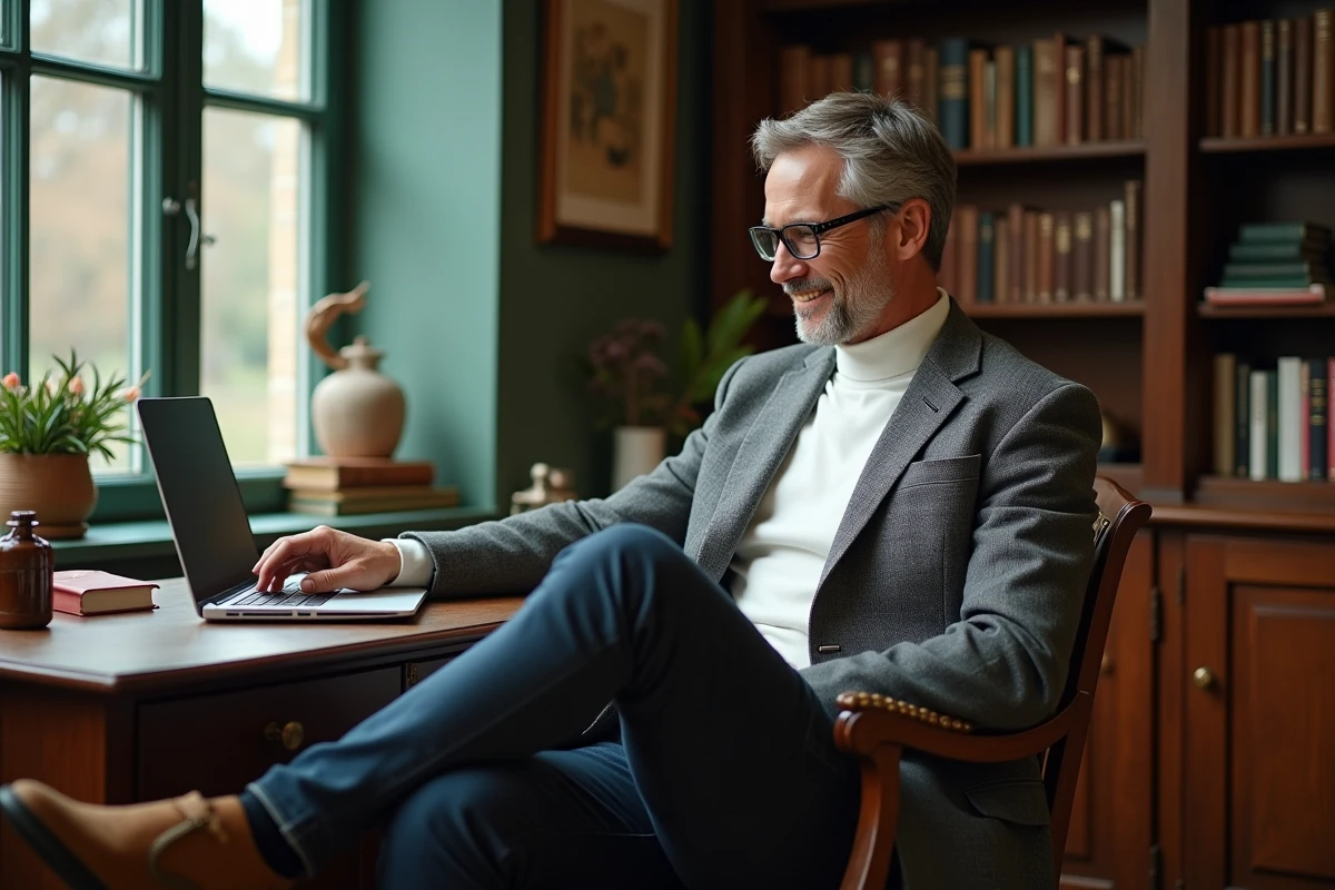 Homme d age assis au bureau vintage avec ordinateur