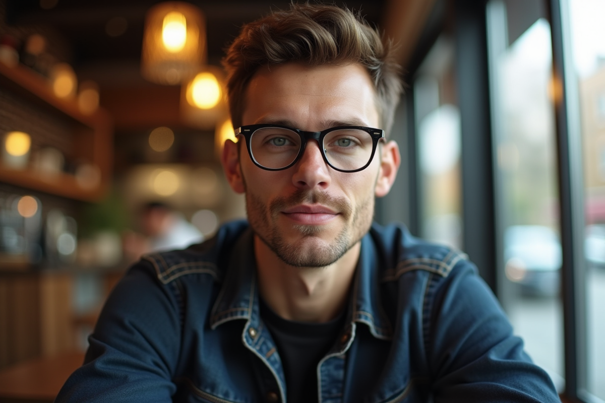 Homme à lunettes dans un café tendance intérieur