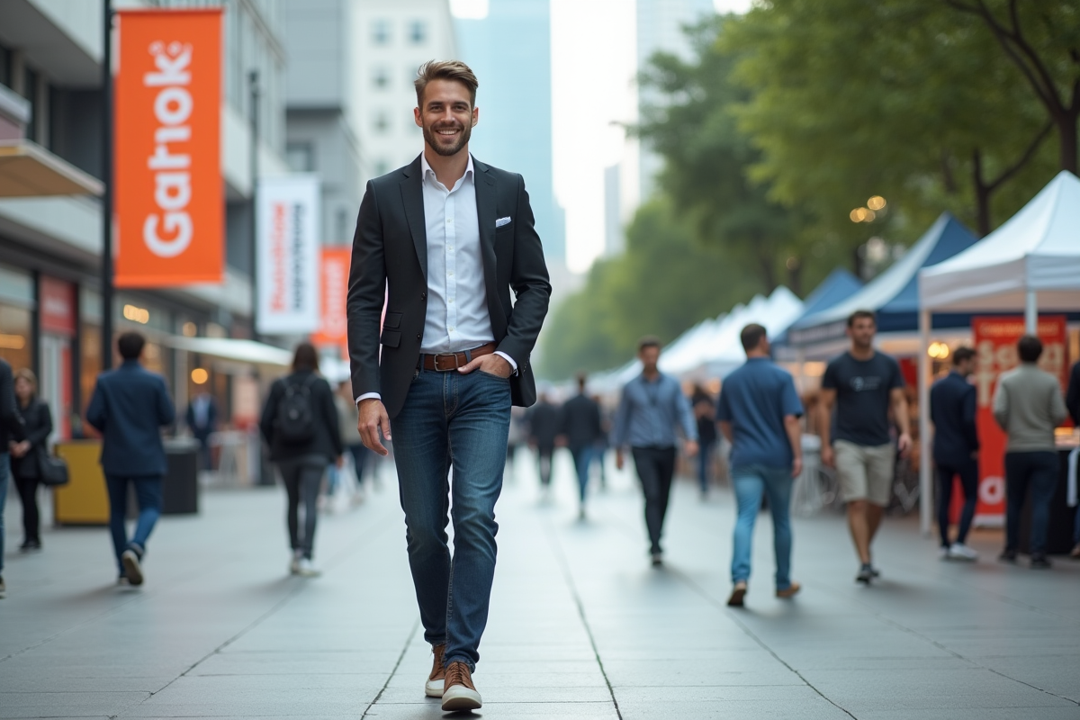 Homme en casual marche en ville lors d’un événement