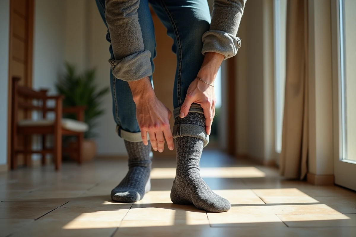 Homme en jeans ajustant ses chaussettes dans l